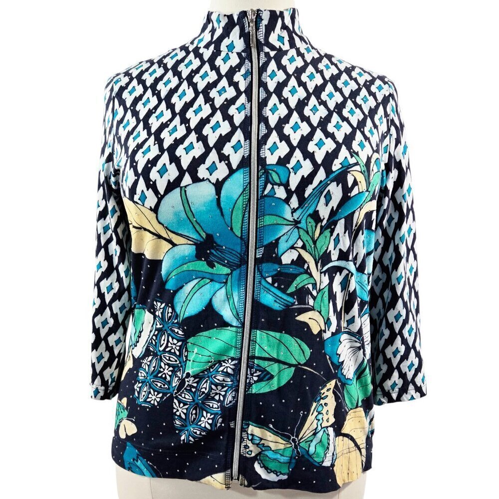 Chico's Weekends Diamond Floral Butterfly Beaded Zip Jacket Boho Colorful